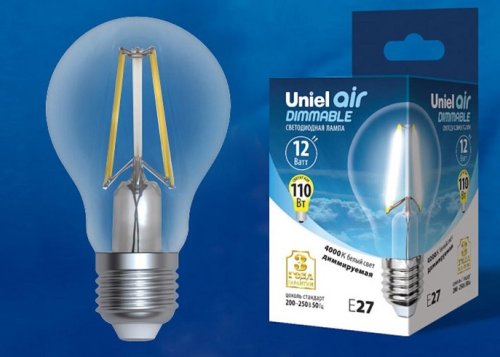 Лампа светодиодная диммируемая Uniel Air Груша LED-А60-12W/3000K/E27/CL/DIM GLA01TR 220В 12Вт 3000К фото Лампа светодиодная диммируемая Uniel Air Груша LED-А60-12W/3000K/E27/CL/DIM GLA01TR 220В 12Вт 3000К картинка